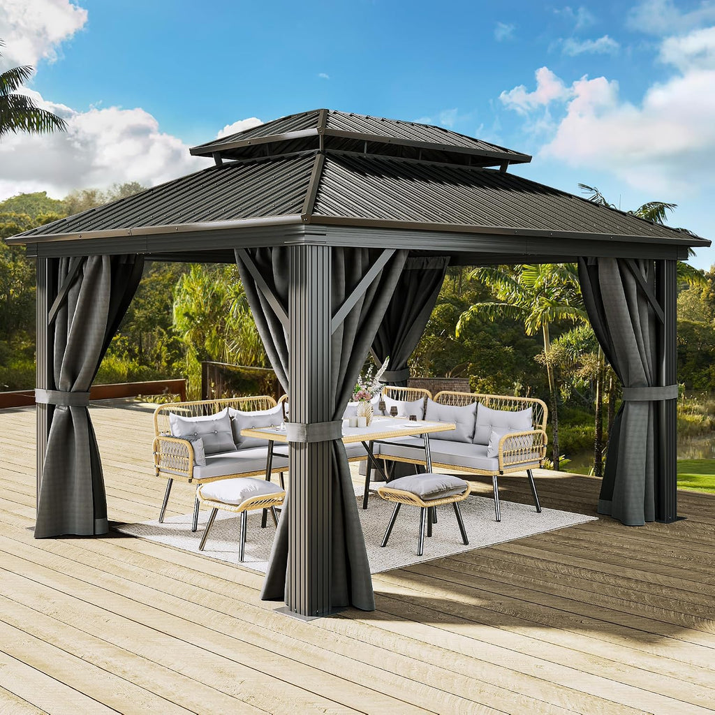 YITAHOME 12x14ft Hardtop Gazebo, Heavy Duty Double Roof Galvanized Steel Outdoor with Nettings and Curtains Combined of Vertical Stripes Roof for Patio, Backyard, Deck, Lawns, Gray