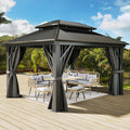 YITAHOME 12x14ft Hardtop Gazebo, Heavy Duty Double Roof Galvanized Steel Outdoor with Nettings and Curtains Combined of Vertical Stripes Roof for Patio, Backyard, Deck, Lawns, Gray