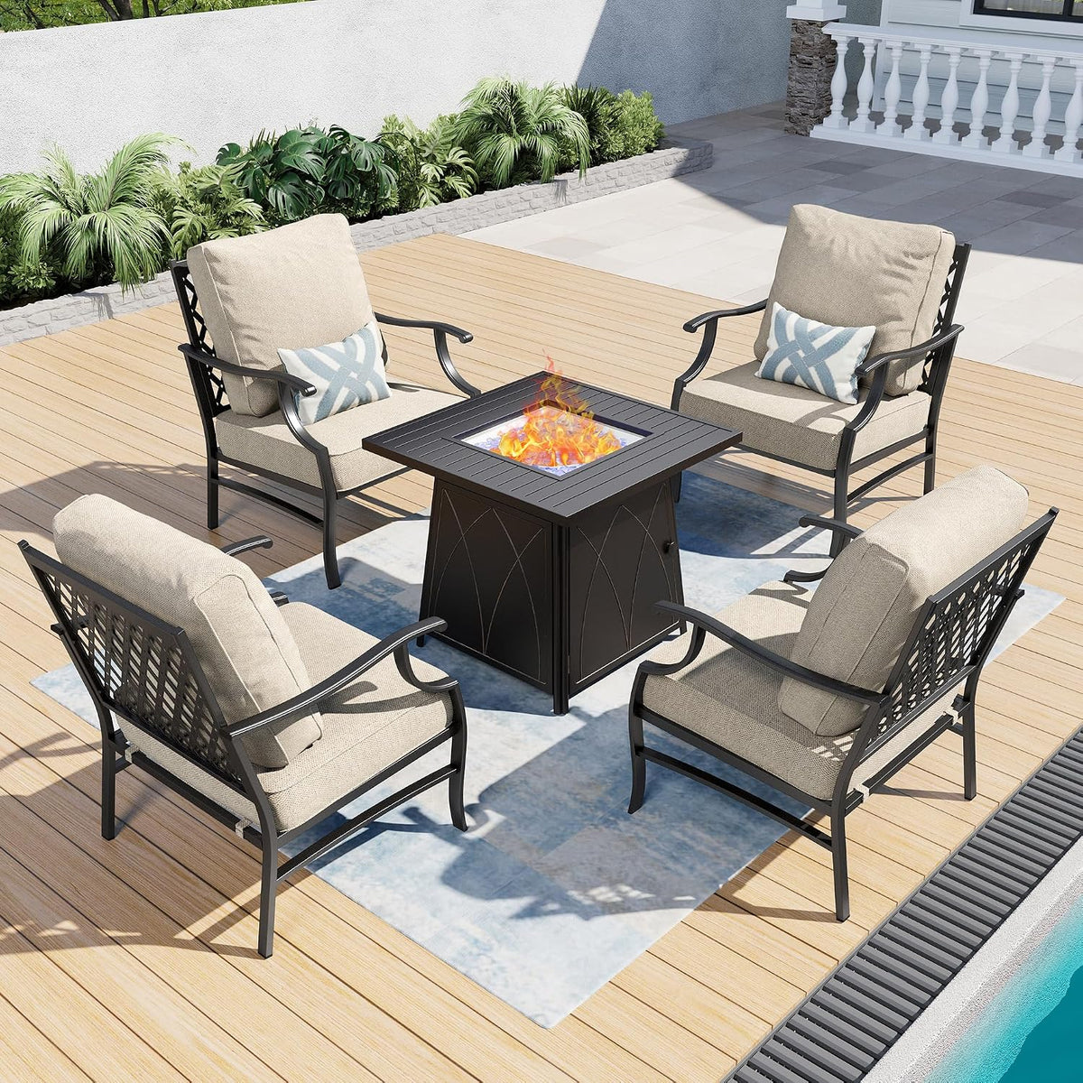 SUNSHINE VALLEY Patio Furniture Set with Firepit Table, 5 Piece Metal Outdoor Patio Furniture set for 4, 4 Single Chairs with 5.75' Extra Thick Cushion and Gas Firepit Table for Backyard Poolside Deck