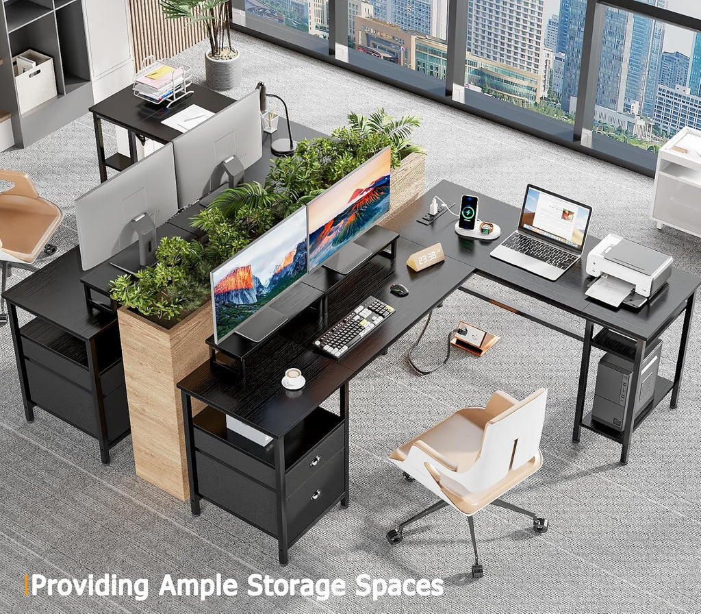 Furologee 66' L Shaped Desk with Power Outlet, Reversible Computer Gaming Desk with File Drawer & 2 Monitor Stands for Home Office with Storage Shelves, Black