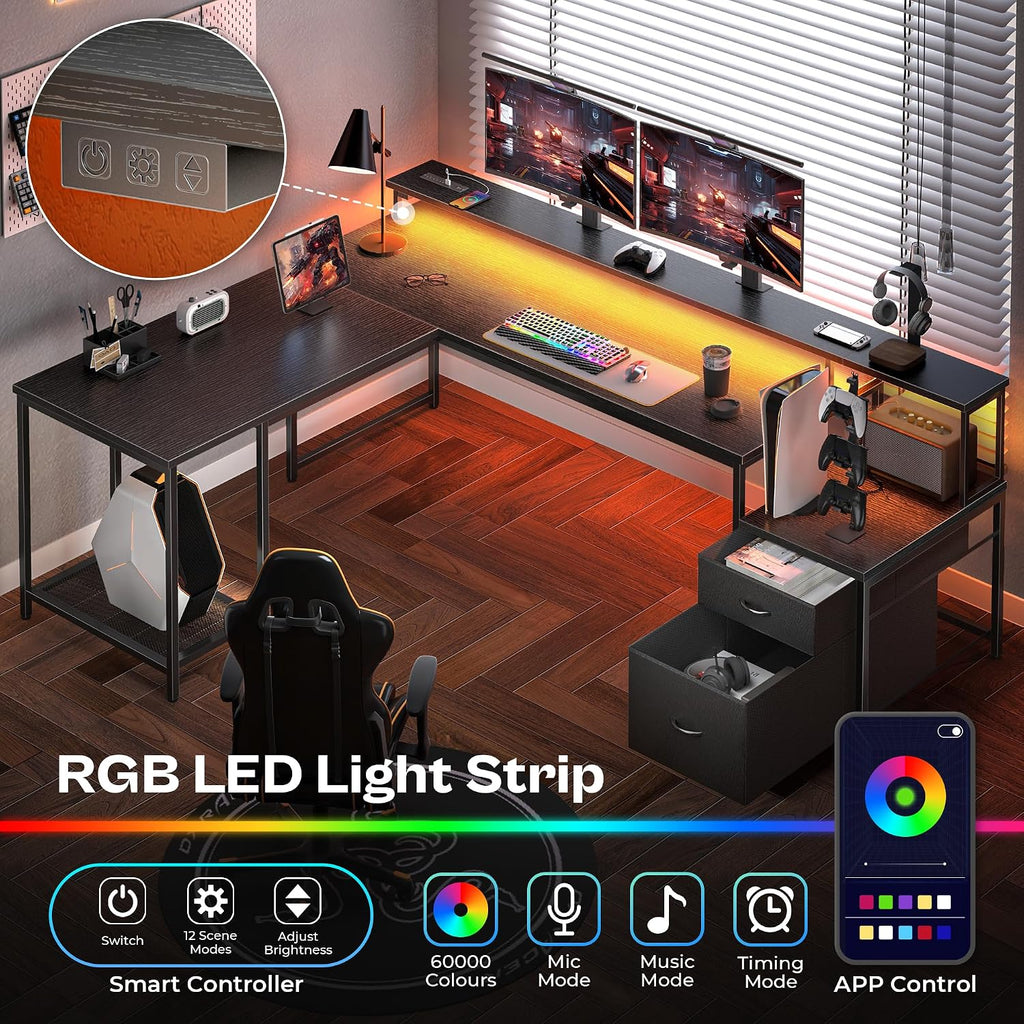PRAISUN 66' L Shaped Gaming Desk with LED Lights & Power Outlets, Computer Desk with Fabric Drawers and Print Stand, Corner Office Desk, Monitor Stand, Mesh CPU Stand, Black