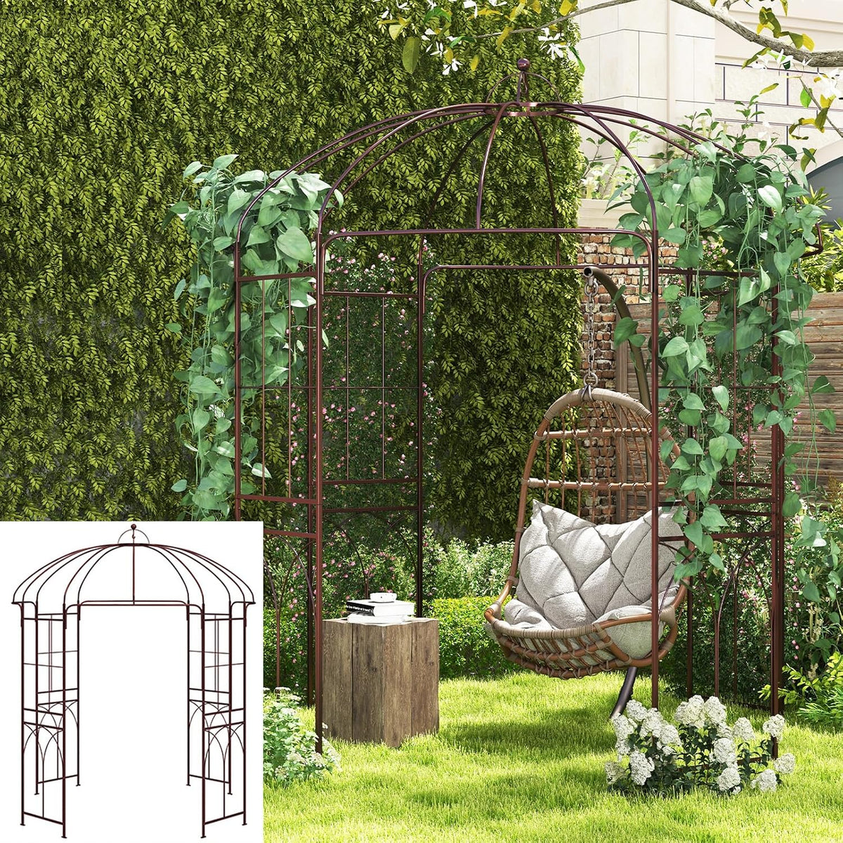 Moccha Birdcage Shape Garden Arch, 8.4' H x 7' W Pergola Pavilion Arch for Climbing Plants, French Style Gazebo with 16 Ground Stakes, Outdoor Metal Garden Arbor for Wedding Party Decoration, Bronze