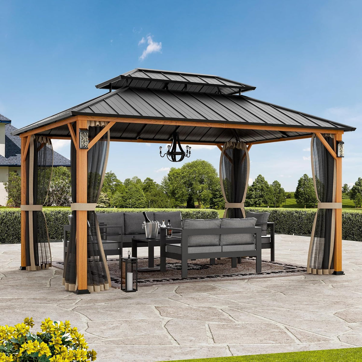 Modern Shade The Horizon Hard Top Gazebo 10' x 14' with 4 LED Lights, Permanent Hardtop Gazebo with Galvanized Steel Double Roof, Metal Gazebo with Decor Hooks, Mosquito Nettings for Patio, Wood Grain