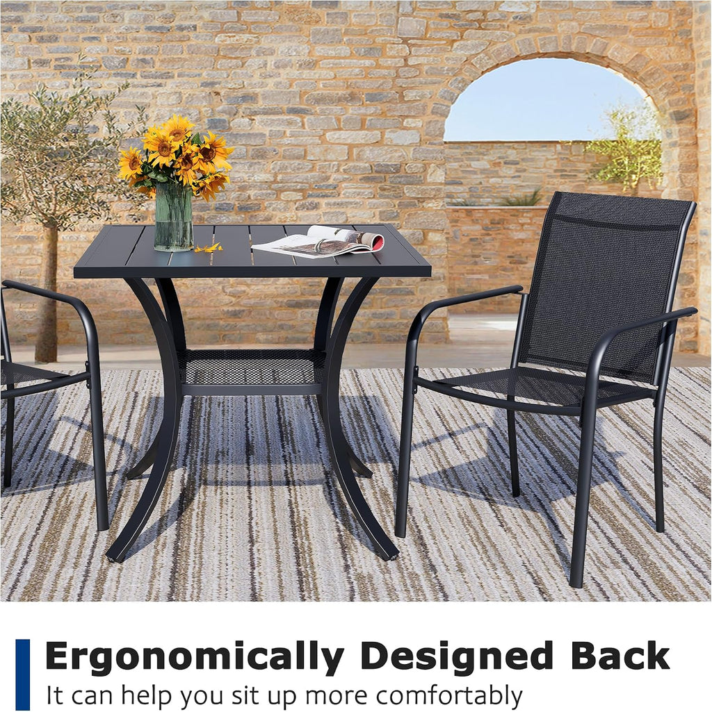 3 Piece Outdoor Dining Set, Patio Table and Chairs Set of 2, 27.6' Black Square Patio Table with 2 Black Stackable Patio Chairs for Lawn, Garden, Porch