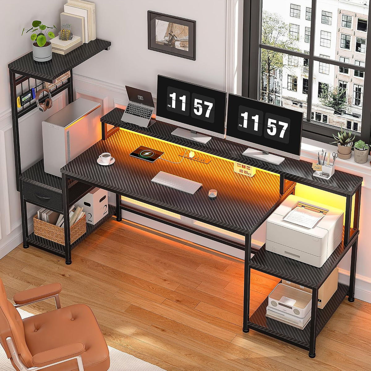 DurayLoly 63' Gaming Desk with LED Lights & Outlets,Computer Desk with Drawers & Monitor Stand,Gaming Table with 3 Storage Shelves, Hooks& Printer Space for Game&Study Room,Home Office,Bedroom,Black