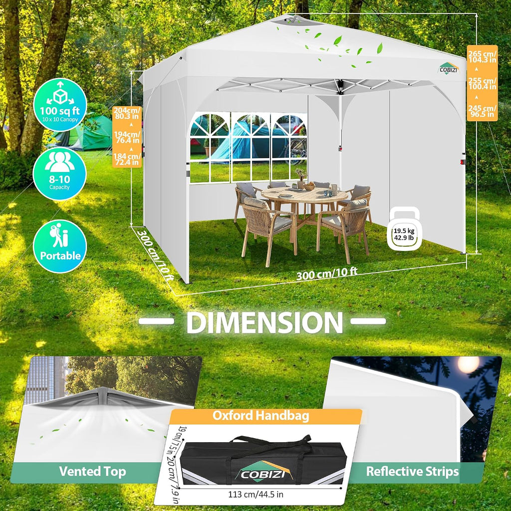 COBIZI 10x10 Pop up Canopy, Canopy Tent for Party with One Push Central Button Air Vent, Event Shelter with Sidewalls and Reflective Strip (White)
