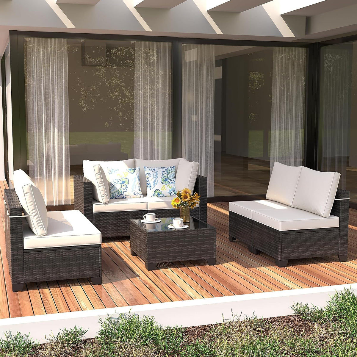 7 Pieces Patio Furniture Set, Outdoor Sectional Rattan Sofa Set, Wicker Patio Conversation Set with Cushions and Glass Coffee Table, for Balcony, Porch, Garden, (Brown/Beige)