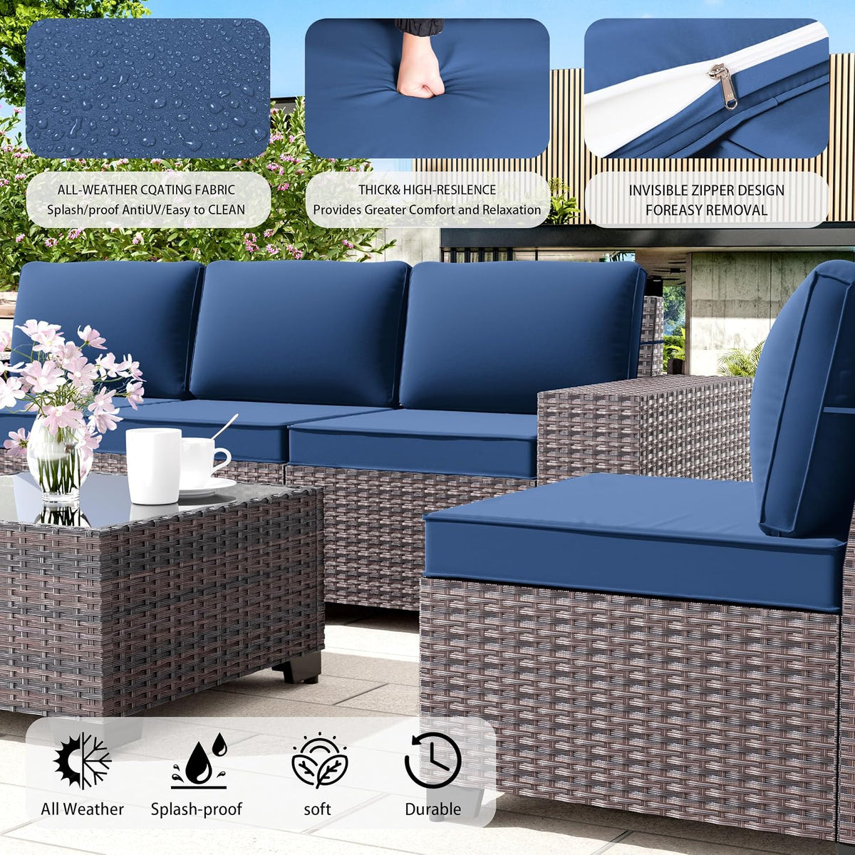 6 PCS Outdoor Patio Furniture Set,Outdoor Sectional Furniture All Weather PE Rattan Wicker Patio Conversation Set with Coffee Table and 5 Thickened Cushions,Navy Blue