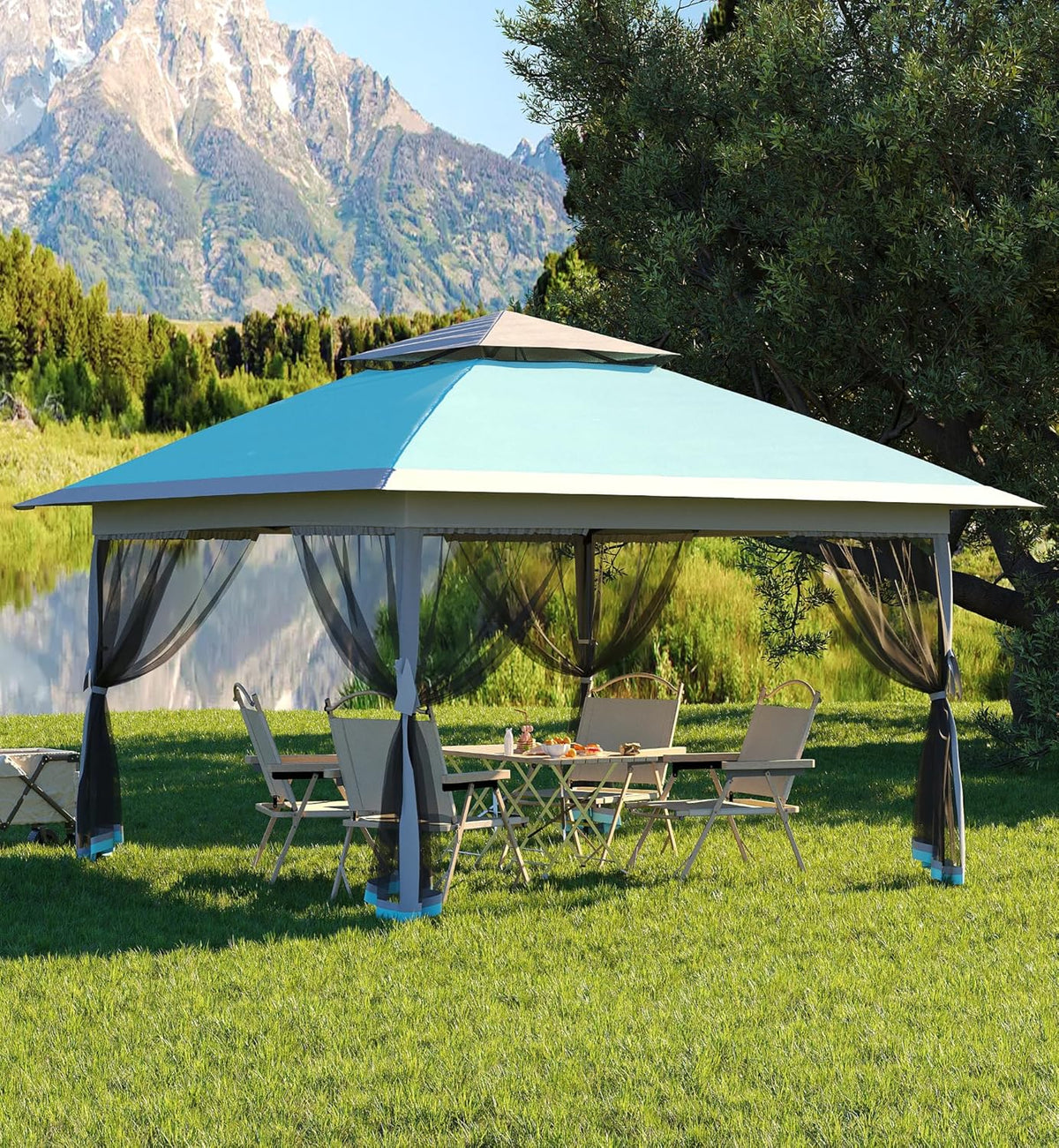 Garvee 13x13 Pop Up Gazebo,Canopy Tent with Mosquito Netting,Outdoor Patio Gazebo,Backyard Tent for Party,Wedding,Outdoor Dining(Light Blue+Light Grey)