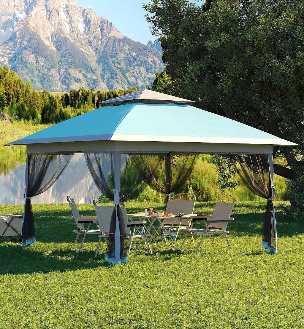 Garvee 13x13 ft Pop Up Gazebo, Canopy Tent with Mosquito Netting, Outdoor Gazebos for Backyard & Patio Furniture - Pop Up Canpy with Wheeled STO-N-Go Cover Bag (Light Blue+Light Grey)