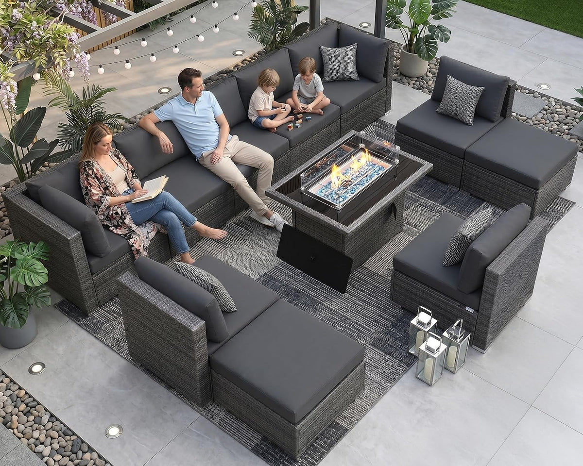 NICESOUL 11 Piece Extra Large Outdoor Furniture Sofa Set, Deep Wide PE Wicker Patio Modular Sectional with Fire Pit Table, 29.3'' High Back Modern Luxury All-Weather Rattan Conversation, Gray