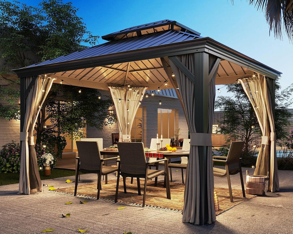 LAUSAINT HOME 10'x12' Hardtop Gazebo with Nettings and Curtains, Waterproof Permanent Heavy Duty Double Hard Roofs Gazebos with Brown Aluminum Frame for Lawn, Party