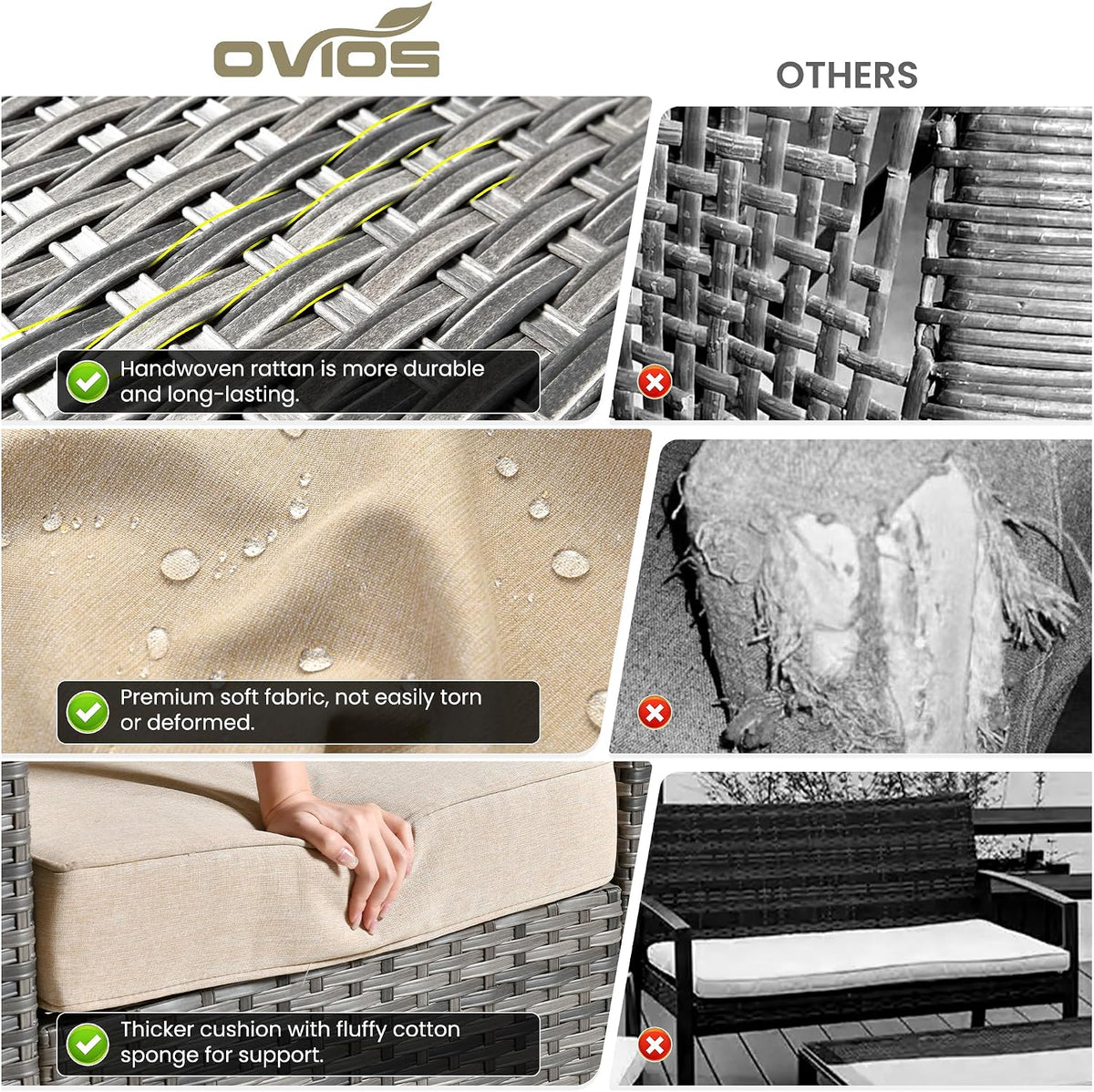 ovios 7 Pieces Patio Furniture Set, Outdoor Wicker Sofa Couch with Rocking Swivel Chairs Fire Pit Table, Modern Deep Seat Rattan Conversation Sets for Deck Porch, Beige