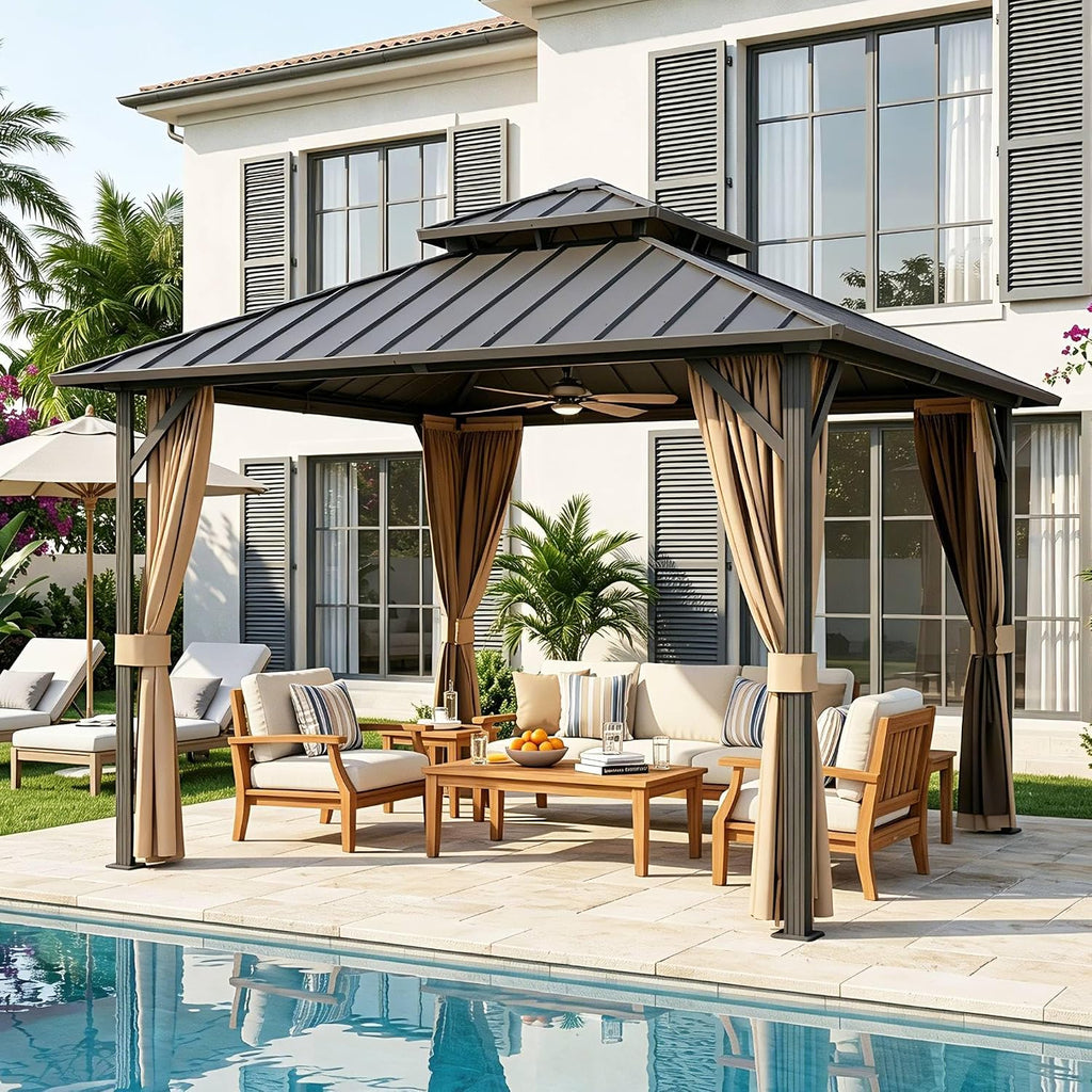 10x10 ft Hardtop Gazebo Outdoor Aluminum Patio Gazebo Double Roof Galvanized Steel Canopy with Netting and Curtains for Garden, Backyard,Deck and Lawns