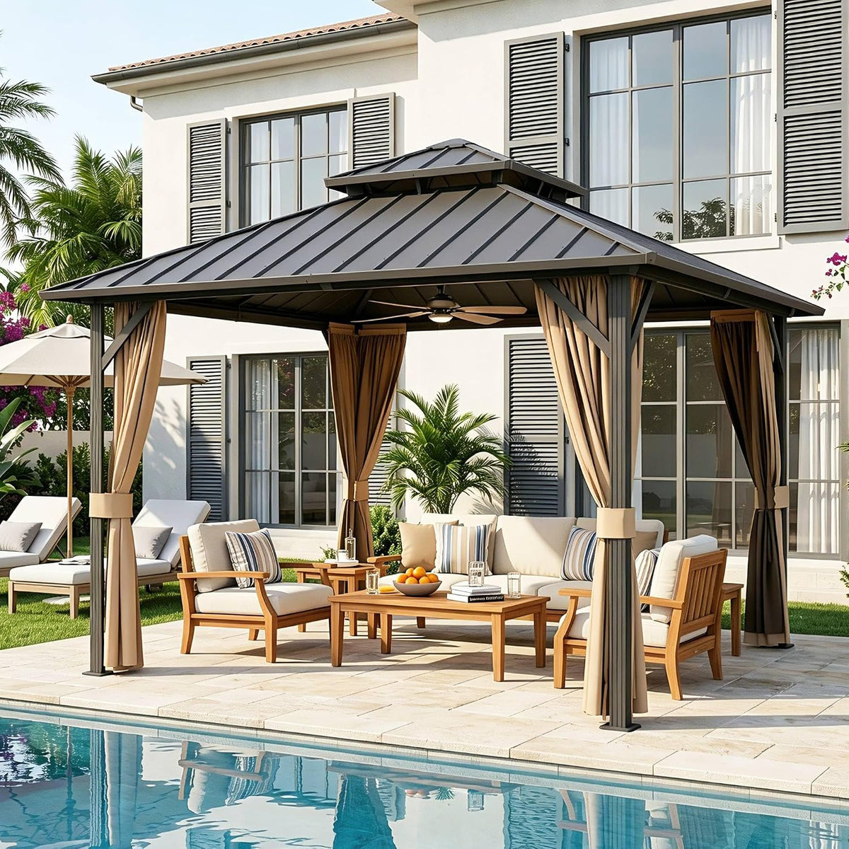 10x10 ft Hardtop Gazebo Outdoor Aluminum Patio Gazebo Double Roof Galvanized Steel Canopy with Netting and Curtains for Garden, Backyard,Deck and Lawns