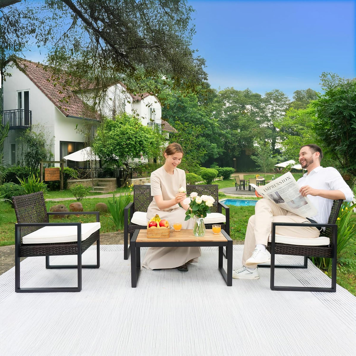 BEEFURNI Wicker Patio Furniture Outdoor Conversation Set of 4, Rattan Outdoor Furniture Set, Acacia Wood Table, 2 Chairs, 1 Loveseat, 2' Cushions, All Weather Set for Patio, Porch, Balcony (Black)