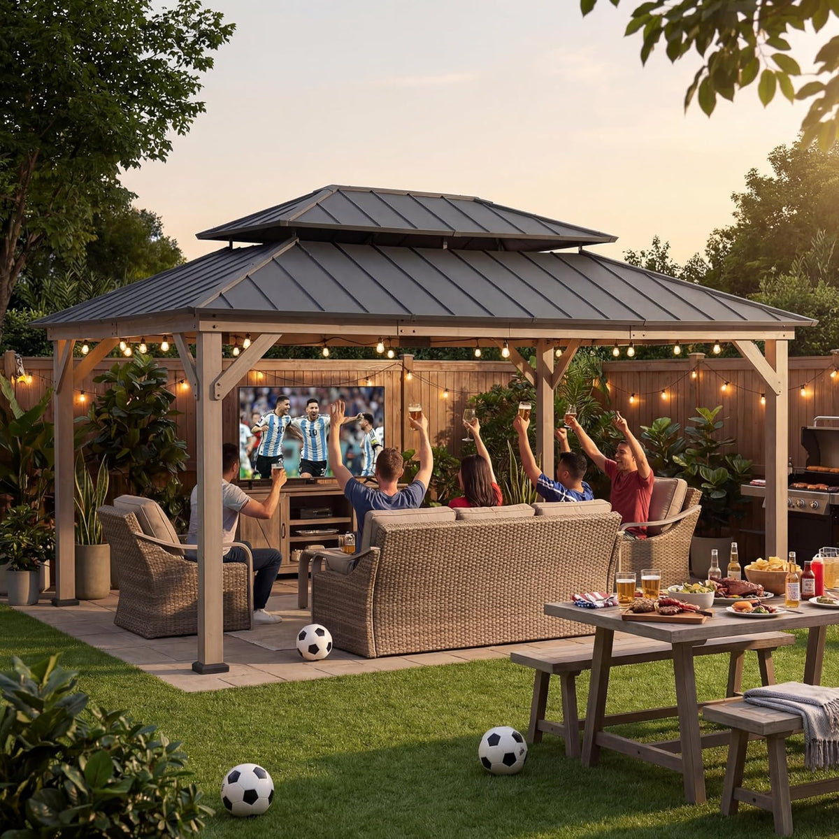 SUNJOY 12 x 16 ft. Wood Gazebo, Outdoor Patio Cedar Framed Steel Hardtop Gazebo with 2-Tier Metal Roof, Suitable for Patios, Lawn and Backyard, Matte Black Roof + Gray Wood Frame