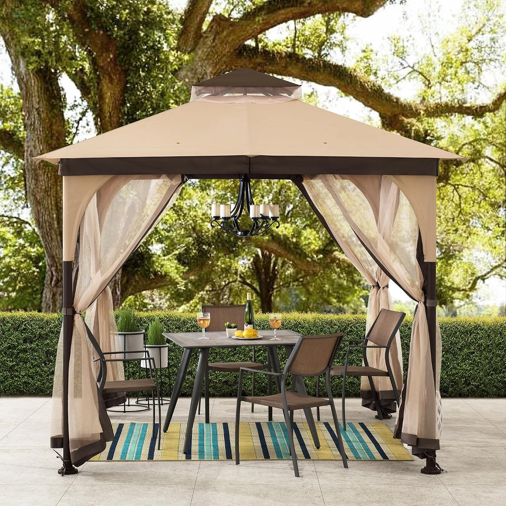 Sunjoy 9 ft. x 9 ft. Gazebo with 2-Tier Canopy Roof, Steel Frame Soft top Gazebo with Ceiling Hook and Mosquito Netting, Tan and Brown