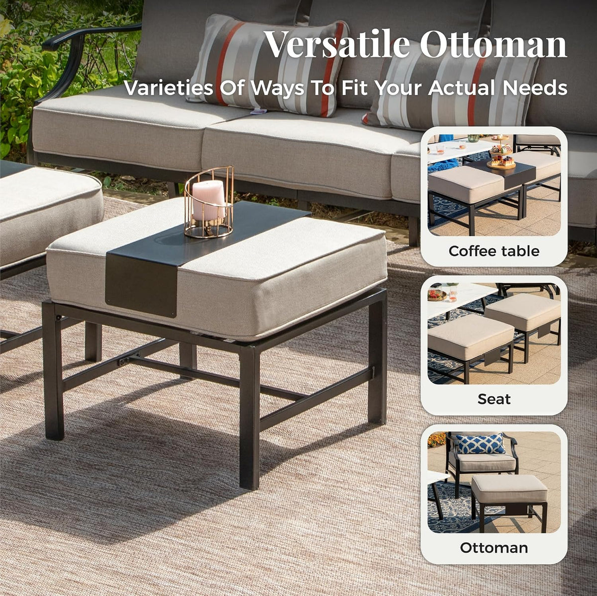 MIXPATIO Patio Furniture Set, 6 Pcs Metal Outdoor Conversation Set, 2 Swivel Chairs, 2 Ottomans and 3 Seater Sofa with 5.75' Extra Thick Cushion and Gas Fire Pit Table, Beige