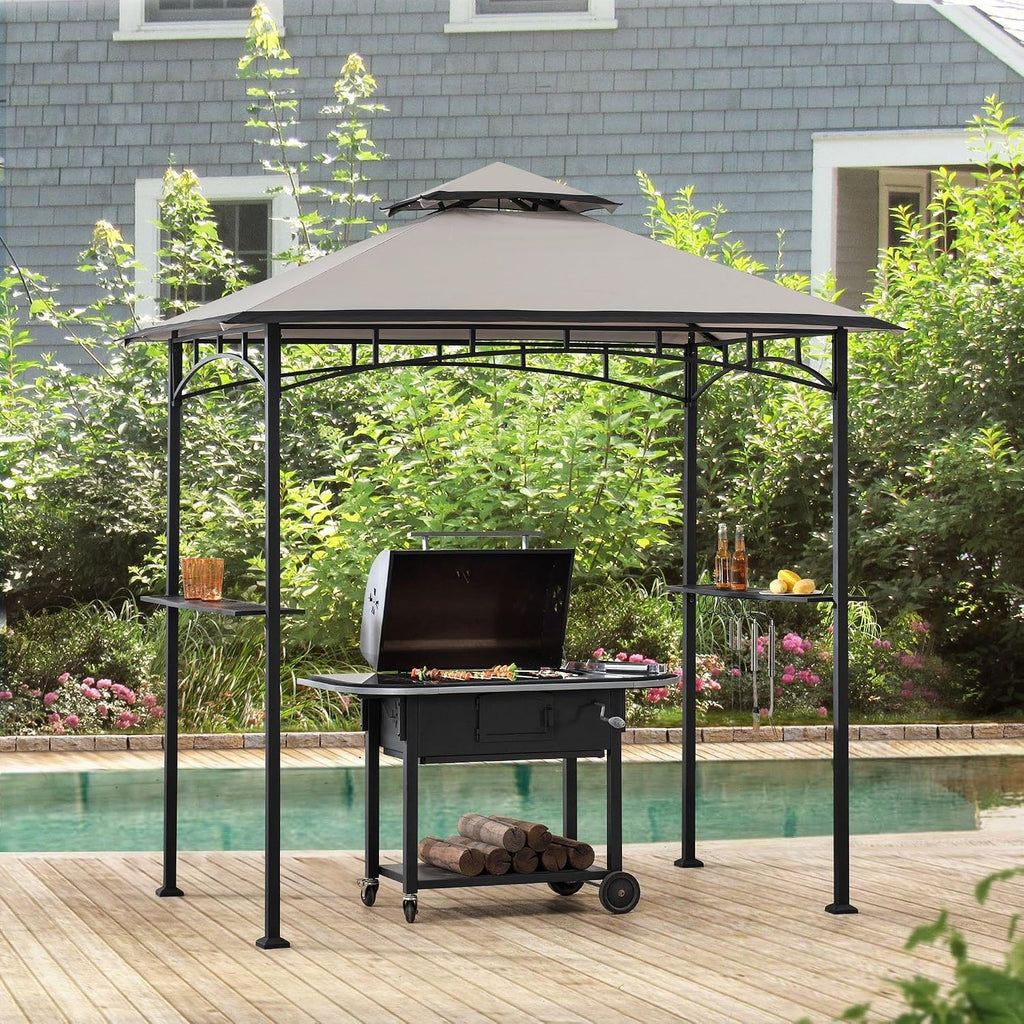 SUNJOY 8 x 5 ft Grill Gazebo with Double Tiered Canopy Roof, Black Steel Frame Grill Gazebo for Outdoor, Patio, Garden, and Backyard Activities, Beige