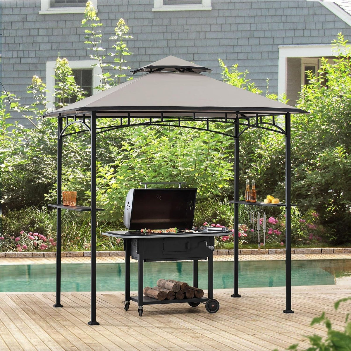 SUNJOY 8 x 5 ft Grill Gazebo with Double Tiered Canopy Roof, Black Steel Frame Grill Gazebo for Outdoor, Patio, Garden, and Backyard Activities, Beige