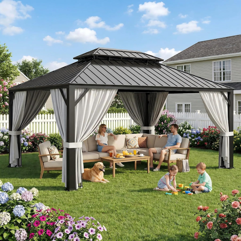 IRONCK 12'x16' Outdoor Hardtop Gazebo, Aluminum Patio Gazebo with Galvanized Steel Double Roof, Patio Pergola with Net and Curtain, Backyard Canopy for Garden, Deck, Black Gray
