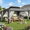IRONCK 12'x16' Outdoor Hardtop Gazebo, Aluminum Patio Gazebo with Galvanized Steel Double Roof, Patio Pergola with Net and Curtain, Backyard Canopy for Garden, Deck, Black Gray