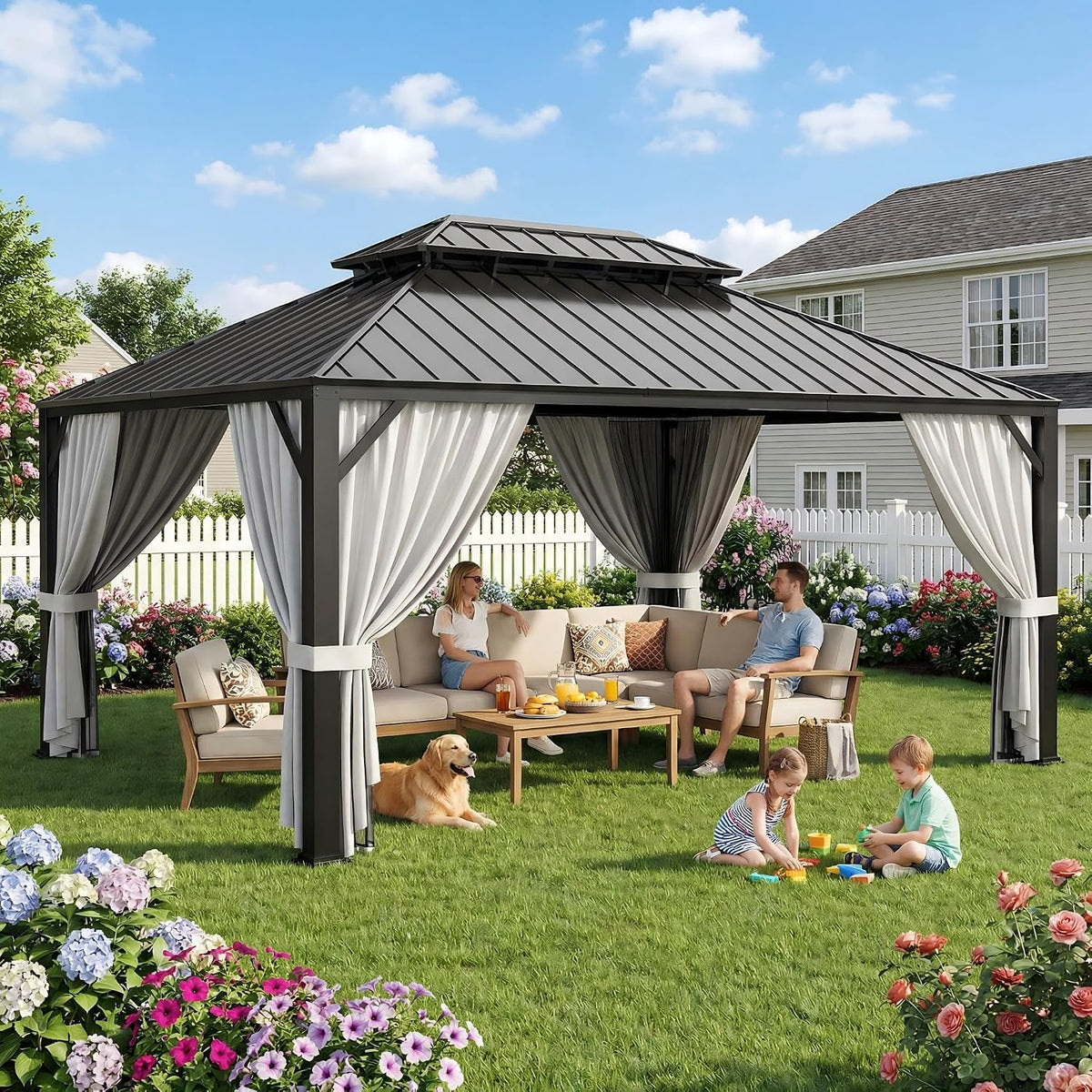 IRONCK 12'x16' Outdoor Hardtop Gazebo, Aluminum Patio Gazebo with Galvanized Steel Double Roof, Patio Pergola with Net and Curtain, Backyard Canopy for Garden, Deck, Black Gray