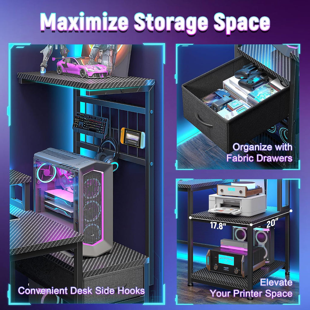 DurayLoly 63' Gaming Desk with LED Lights & Outlets,Computer Desk with Drawers & Monitor Stand,Gaming Table with 3 Storage Shelves, Hooks& Printer Space for Game&Study Room,Home Office,Bedroom,Black