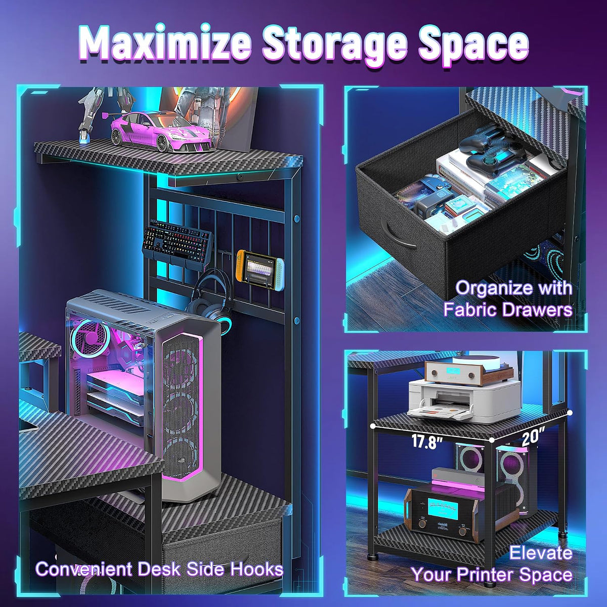 DurayLoly 63' Gaming Desk with LED Lights & Outlets,Computer Desk with Drawers & Monitor Stand,Gaming Table with 3 Storage Shelves, Hooks& Printer Space for Game&Study Room,Home Office,Bedroom,Black
