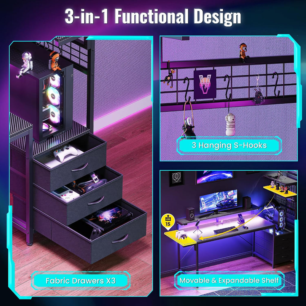 PRAISUN 61.7' Gaming Desk with LED Lights & Outlets, Computer Desk with 3 Fabric Drawers, PC Desk with PC Case Stand & Movable Storage Shelves, Monitor Stand, Reversible, Carbon Fiber Black