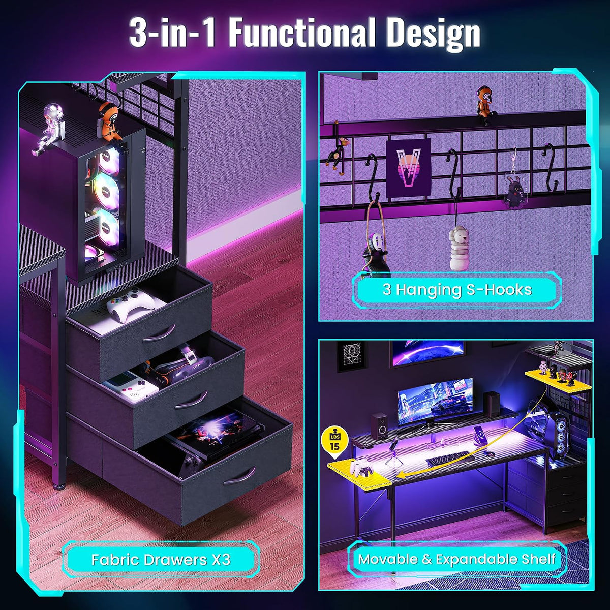 PRAISUN 61.7' Gaming Desk with LED Lights & Outlets, Computer Desk with 3 Fabric Drawers, PC Desk with PC Case Stand & Movable Storage Shelves, Monitor Stand, Reversible, Carbon Fiber Black