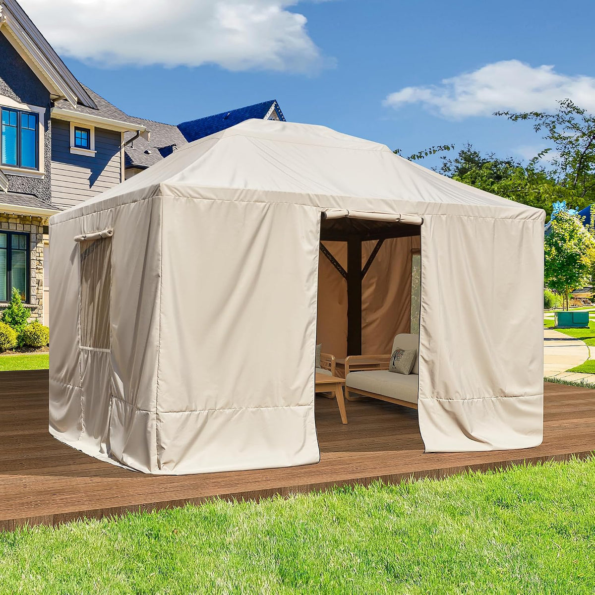 EROMMY Gazebo Cover for 10'x13' Gazebos,Outoor Winter Gazebo Cover with Sidewalls and Mesh Windows,Convert Gazebo into a Storage Space,Beige(Gazebo not Included)