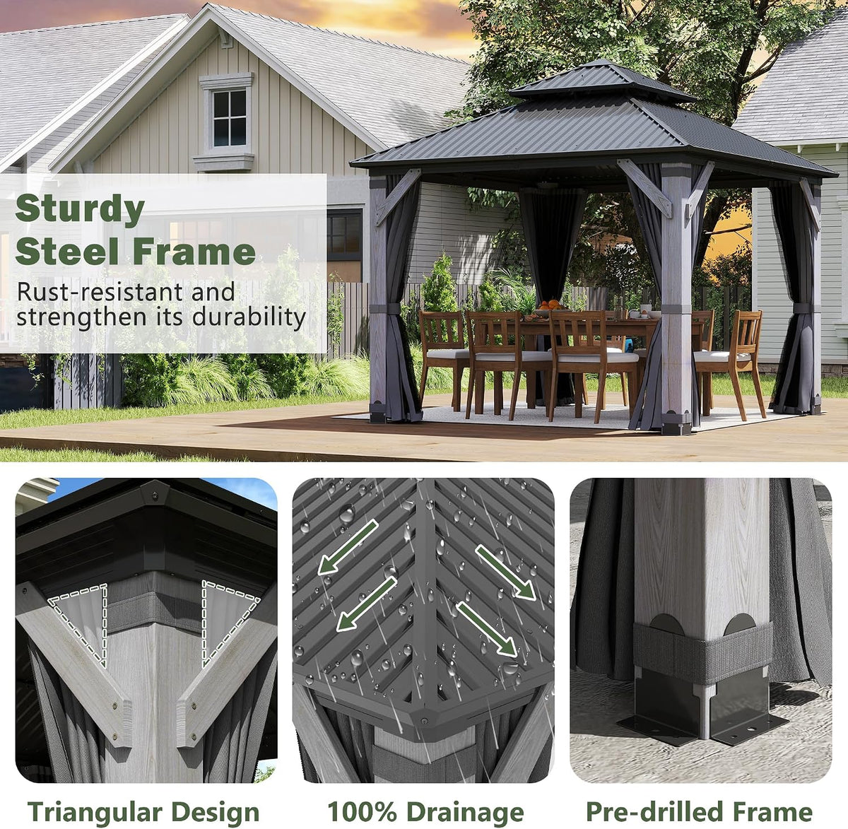 10'x10' Hardtop Wood Gazebo, Outdoor Double Roof Galvanized Steel Top Gazebo with Wooden Post, Curtains & Netting for Backyard, Patio, Deck (10x10 FT)
