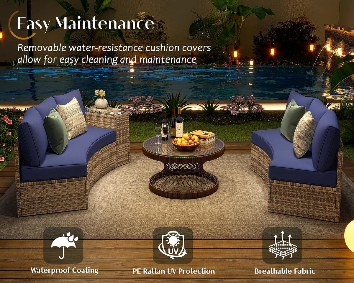 PaPaJet 6-Piece Patio Furniture Set, Half-Moon Wicker Sectional Sofa with Cushions, Waterproof Rattan Outdoor Conversation Set for Beach, Pool, Garden & Balcony, Blue