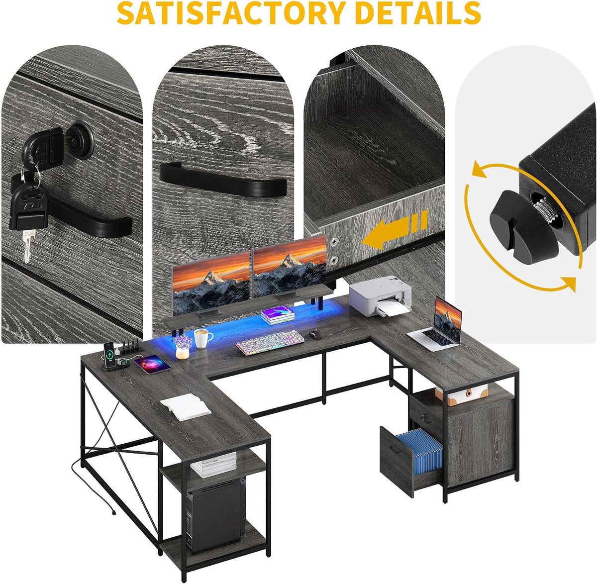 DWVO U Shaped Desk with Drawers, 79' Reversible L Shaped Desk with Power Outlets & LED Lights, Corner Computer Desk with Monitor Stand & Storage Shelves, Grey