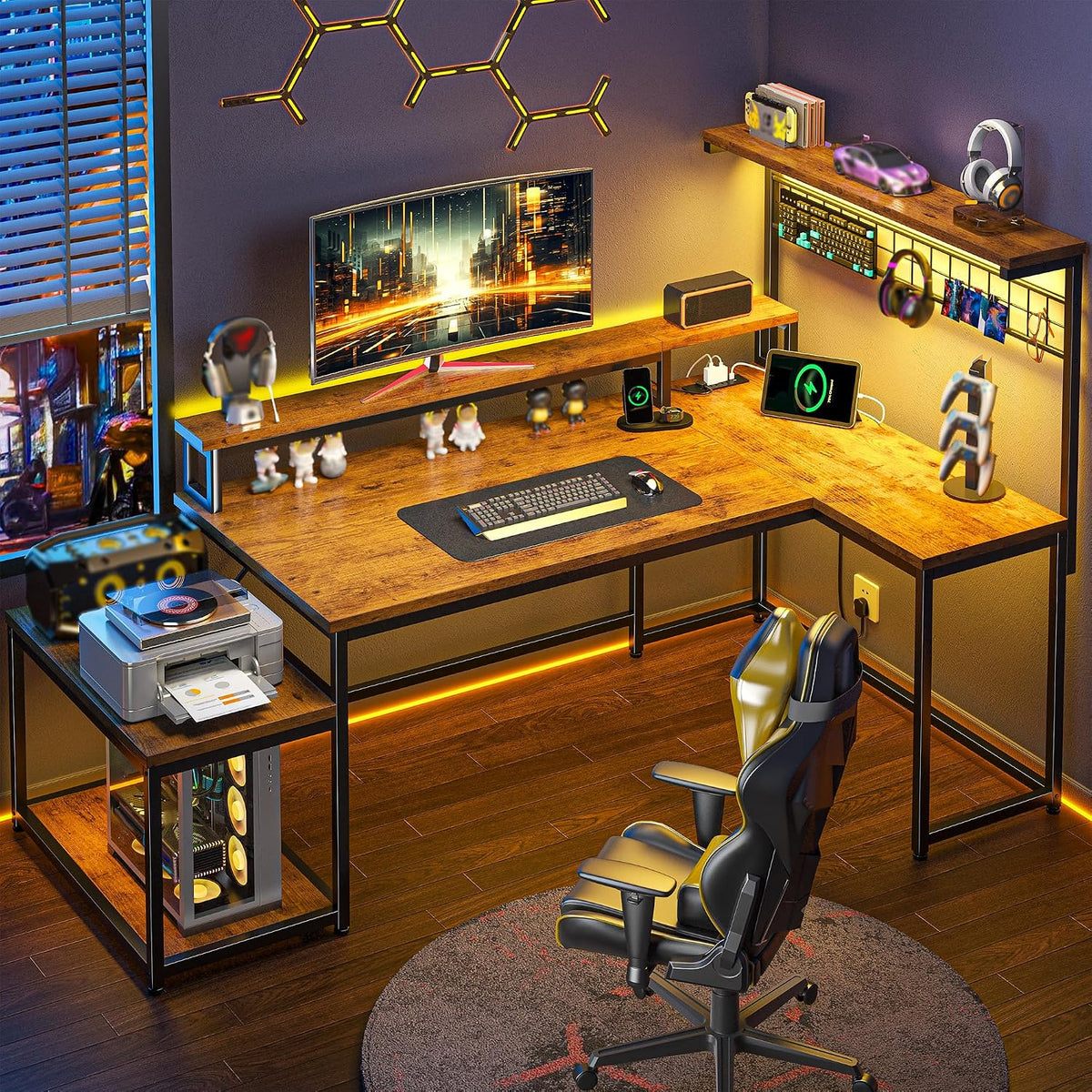 Gaming Desk with Shelves & Hooks, 63.5'L Shaped Computer Desk with LED Lights & Power Outlets & Monitor Stand and Printer Space for Home Office, Writing Desk of Bedroom, Living Room, Rustic Brown