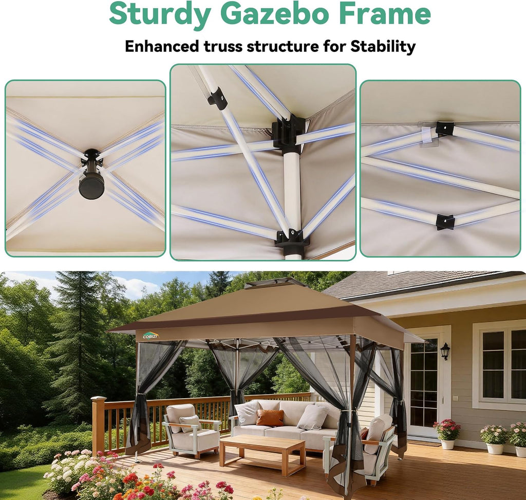 COBIZI 12x12 FT Pop up Gazebo on Clearance Canopy Tent, Carpas para Patio, Easy up Outdoor Canopy Tents with Portable Storage Bag for Backyard, Outdoor Waterproof Gazebos for Garden,Camping, Brown