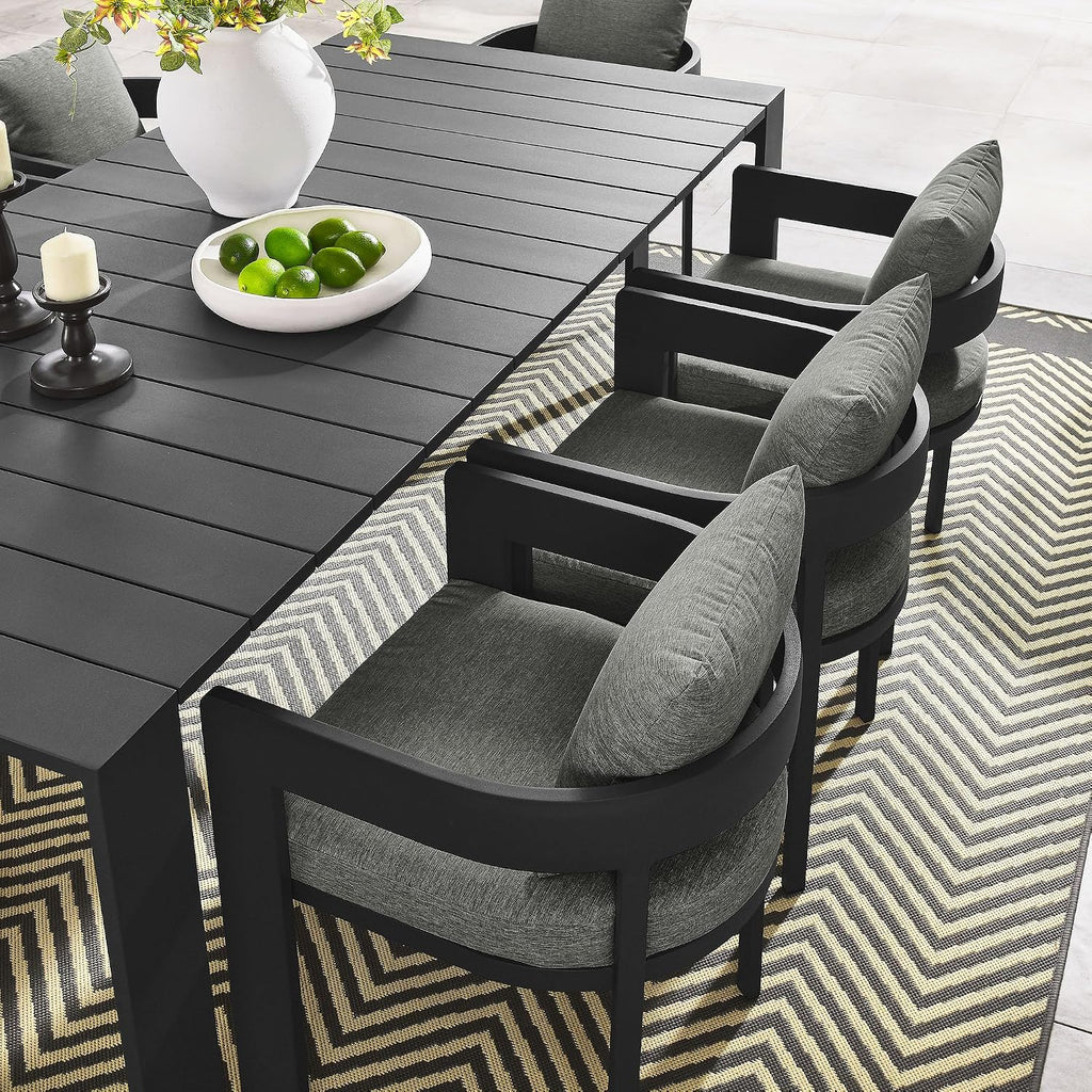 Modway Tahoe Outdoor Patio Powder-Coated Aluminum 9-Piece Dining Set in Gray Gray - Rectangular Patio Furniture Set for 8 - Outside Table with Umbrella Hole and Cushioned Chairs - Modern Patio Set