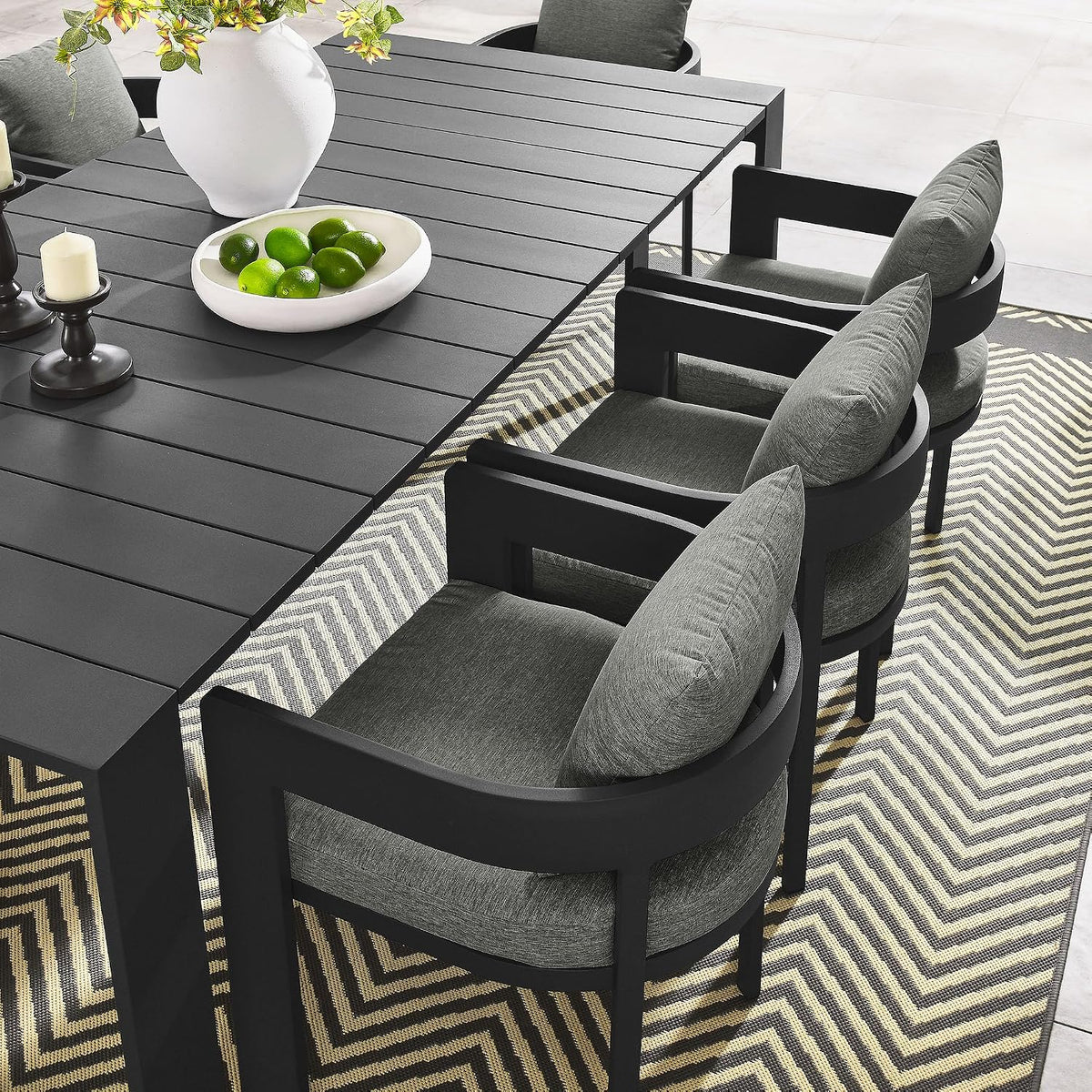 Modway Tahoe Outdoor Patio Powder-Coated Aluminum 9-Piece Dining Set in Gray Gray - Rectangular Patio Furniture Set for 8 - Outside Table with Umbrella Hole and Cushioned Chairs - Modern Patio Set