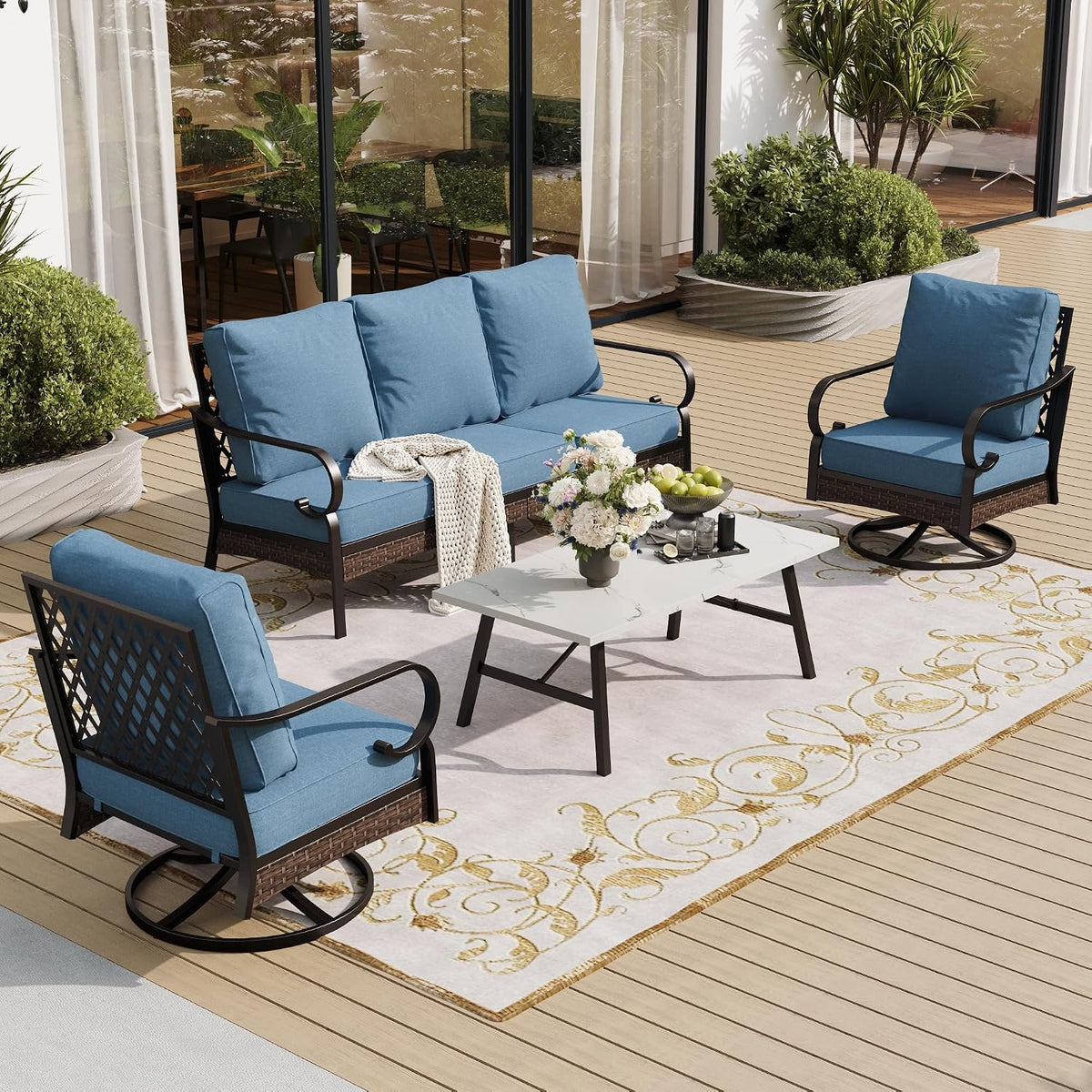 SUNSHINE VALLEY 5 PCS Metal Outdoor Patio Furniture Set, Patio Conversation Sets 1 3-Seater Sofa, 2 Swivel Chairs with 5.75' Extra Thick Cushion & Coffee Table, Black Backyard Furniture, Denim Blue