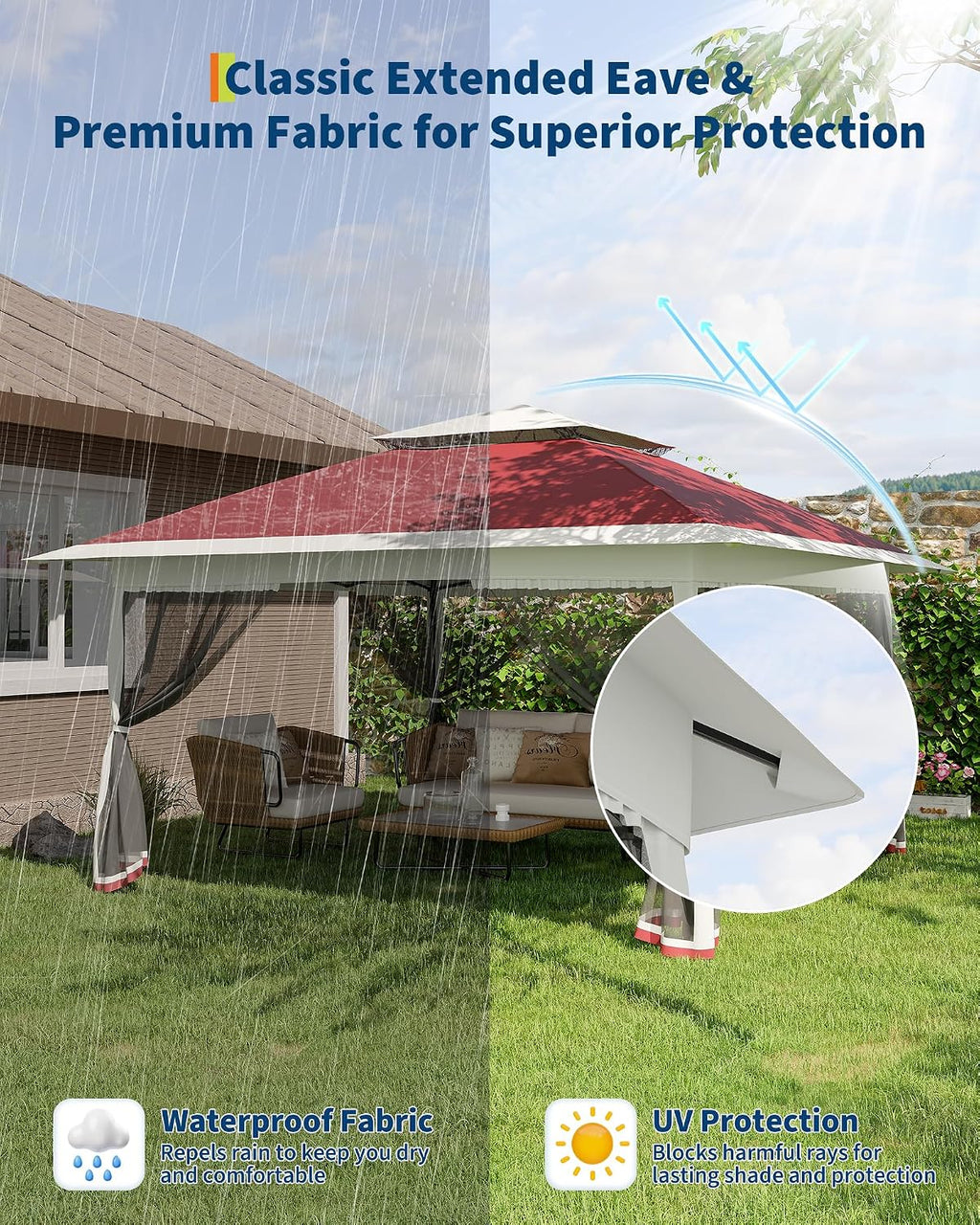 Canopy Tent 13x13 ft, Pop Up Gazebo One-Push Setup with 4 SandBags for Backyard Parties and BBQs, Mosquito Netting & Height Adjustable - Red