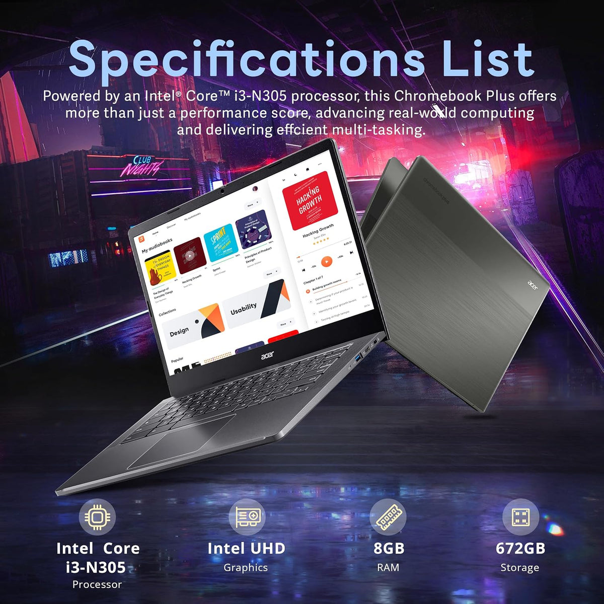 acer Chromebook Plus 14' FHD Touchscreen Laptop, Intel i3-N305 Processor, 8GB LPDDR5 RAM, 672GB Storage (512GB SSD+160GB Docking Station Set), Intel UHD Graphics, Wi-Fi 6E, Chrome OS, Gray