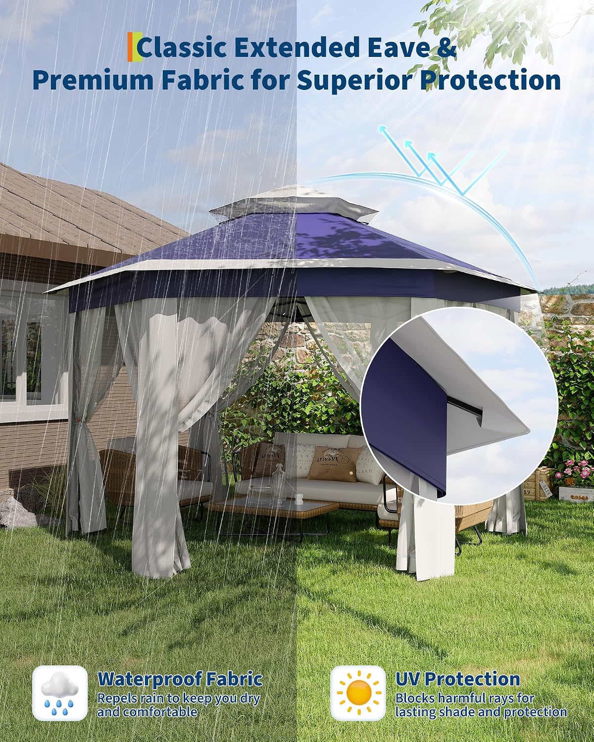 GarveeLife 13'x13' Pop-Up Gazebo, Outdoor Hexagonal Patio Gazebo with Mosquito Netting, Instant Setup Canopy Tent with Strong Steel Frame and Sandbags, for Backyard, Gardens, Patio (Blue)