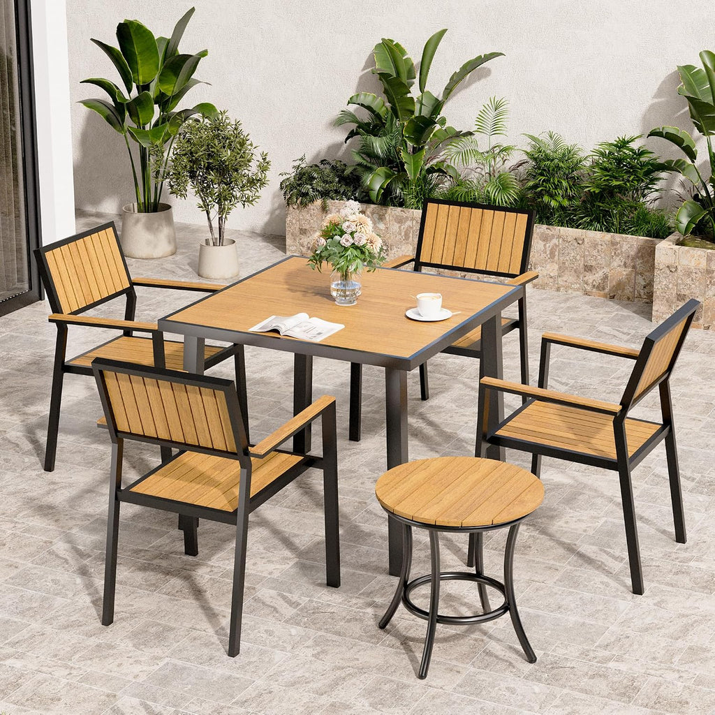 6-Piece Patio Dining Set, Outdoor Weather Resistant Plastic-Wood Table & 4 Stackable Chairs, Outdoor Durable Aluminum Frame Furniture for Garden, Poolside, Backyard (Teak, 6 PCS)