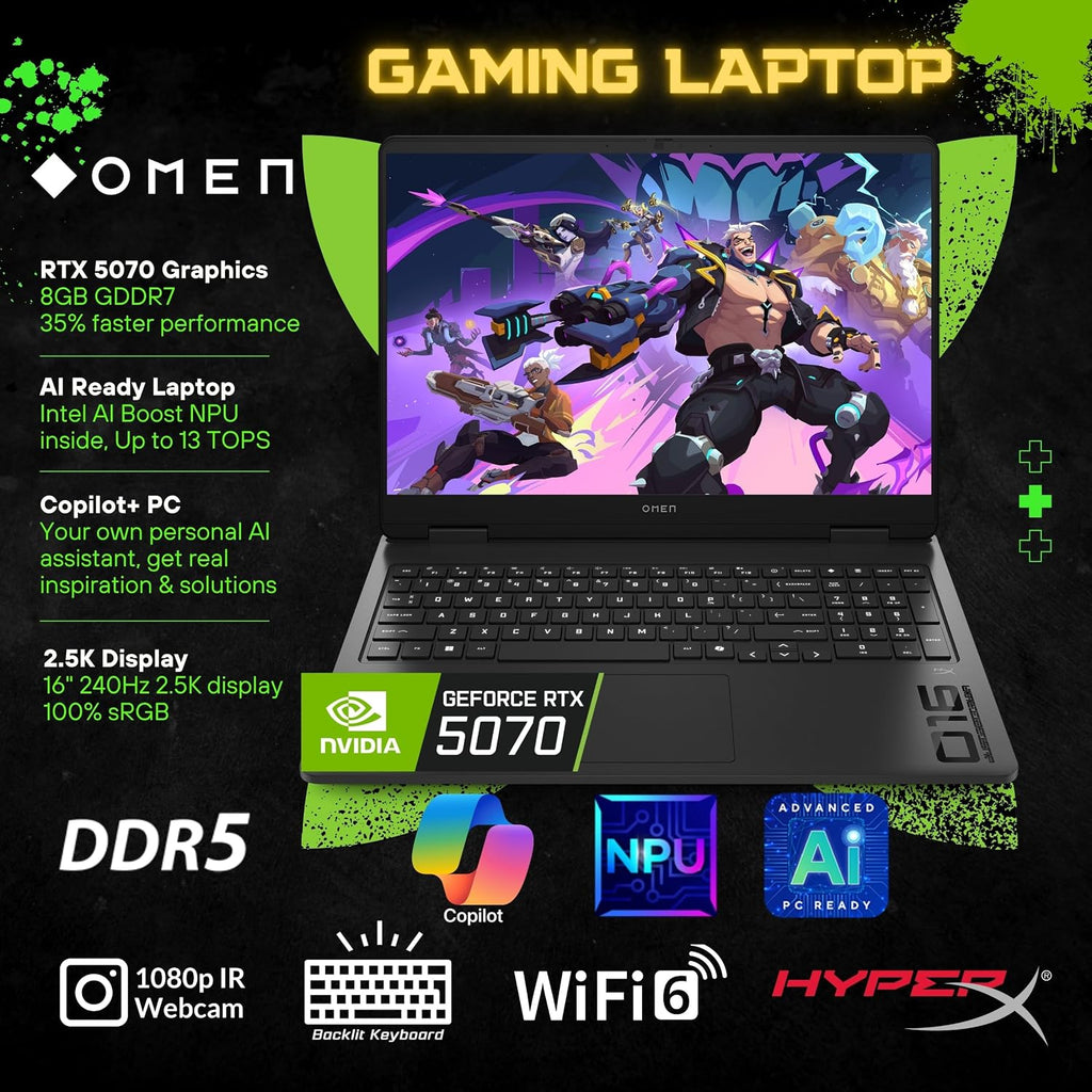 HP OMEN 16 Gaming Laptop, 16 240Hz 2.5K Display, Intel Core Ultra 9 285H(>i9-14900, 5.4GHz), GeForce RTX 5070, Copilot, AI & VR Ready, Backlit Keyboard, Windows 11 Home, Black(64GB DDR5 RAM | 1TB SSD)