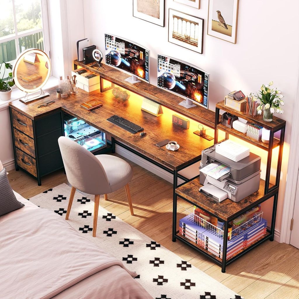 EnHomee 71' L Shaped Computer Desk with 3 Drawers & Hutch,Reversible Gaming Desk with LED Lights & Power Outlet,Home Office Desks with Monitor Stand & Printer Shelf for Student School Rustic Brown