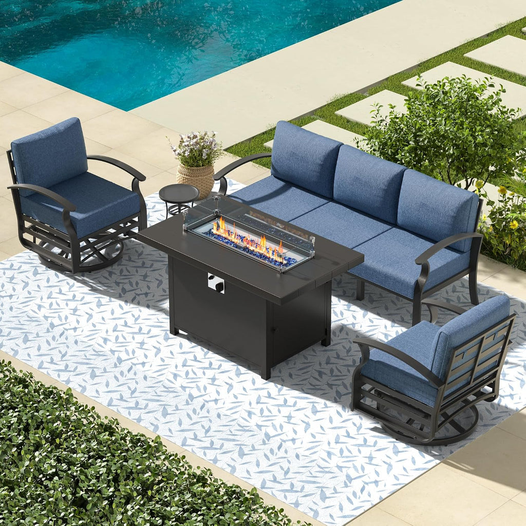 Aluminum Outdoor Patio Furniture Set,5 Pieces 5 Seats Metal Patio Sectional Furniture Set,Patio Conversation Sets with 45' Propane Fire Pit Table,Swivel Rocking Chairs Set,Navy Blue