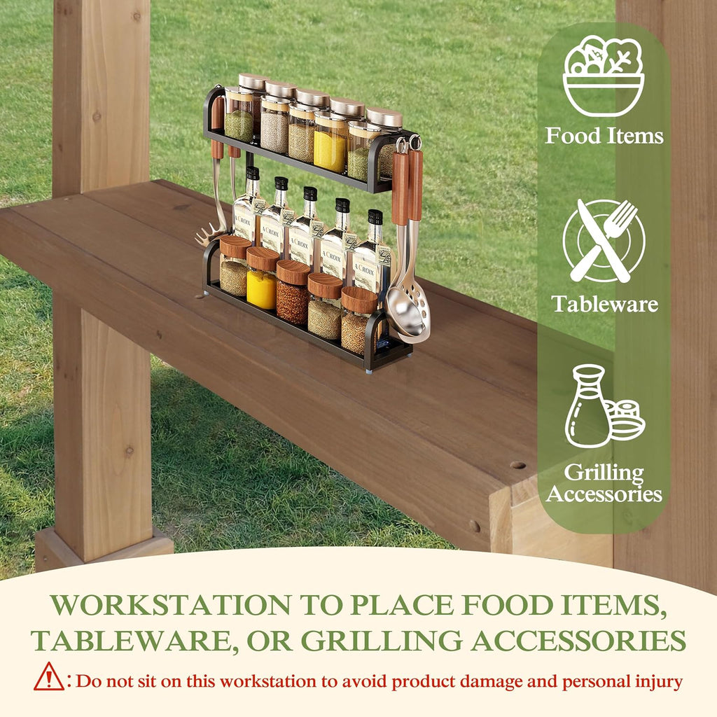 Yardenaler 6 x 13 FT Wooden Grill Gazebo with Sloping Metal Roof, BBQ Canopy with Stakes for Outdoor Patio, Garden, Lawn, Light Mocha Brown