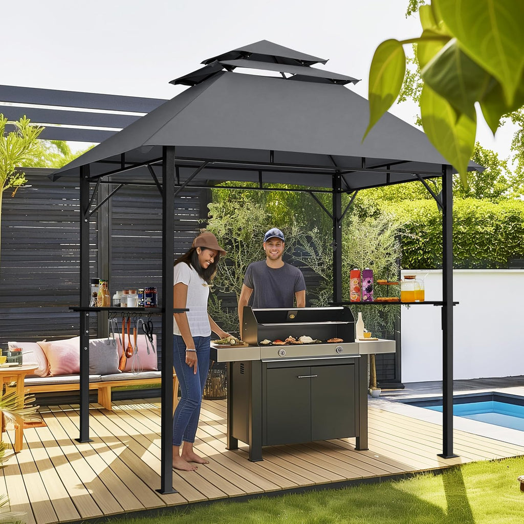 Yaheetech 8x5' Grill Gazebo, 3-Tier Outdoor BBQ Gazebo with Height-Adjustable Shelves & 10 S-Shaped Hooks & Built-in Bottle Opener, Dark Gray